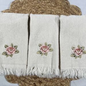 Vintage Set of 3 Avanti Ivory Pink Flower Rose Fingertip Hand Towels 100% Cotton